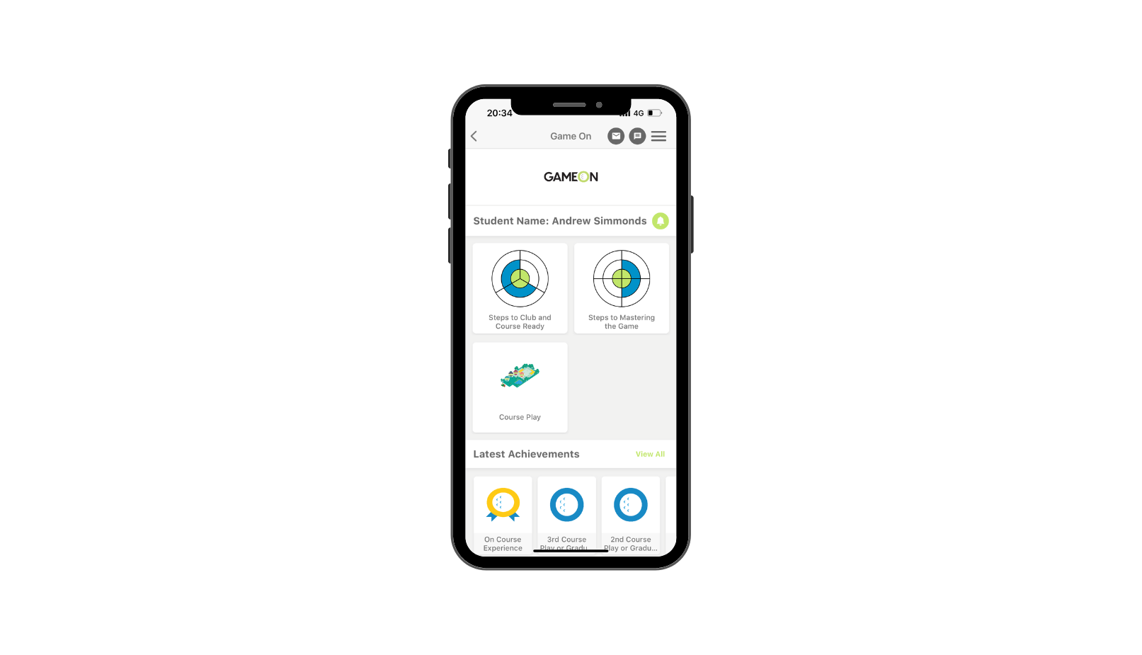 MyGame+ app interface for Game On Adult Golf Lessons. Utilize MyGame+ to track your golf progress, set goals, and achieve results.
